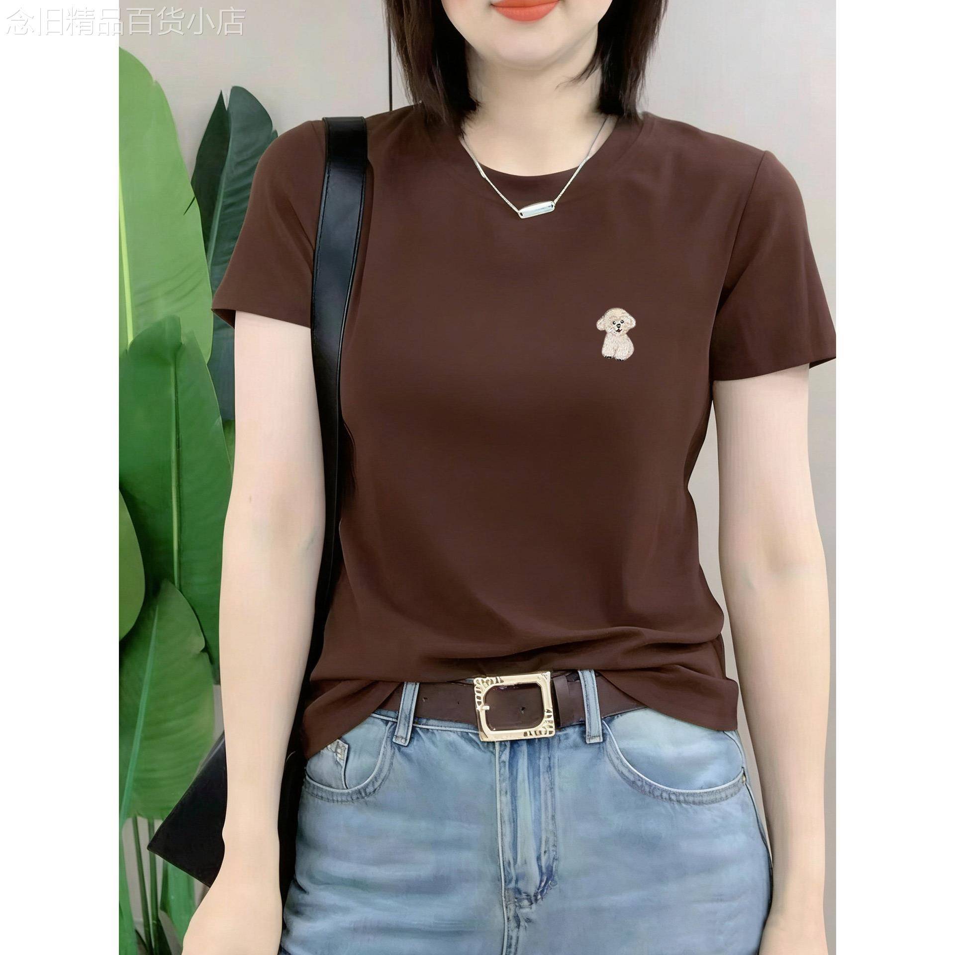 纯棉正肩咖啡色短袖t恤女2026夏季新款时尚百搭减龄显瘦潮流上衣