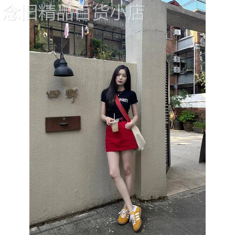 红色高腰A字半身裙女夏季欧货百搭款短裙显瘦包臀防走光辣妹裙子