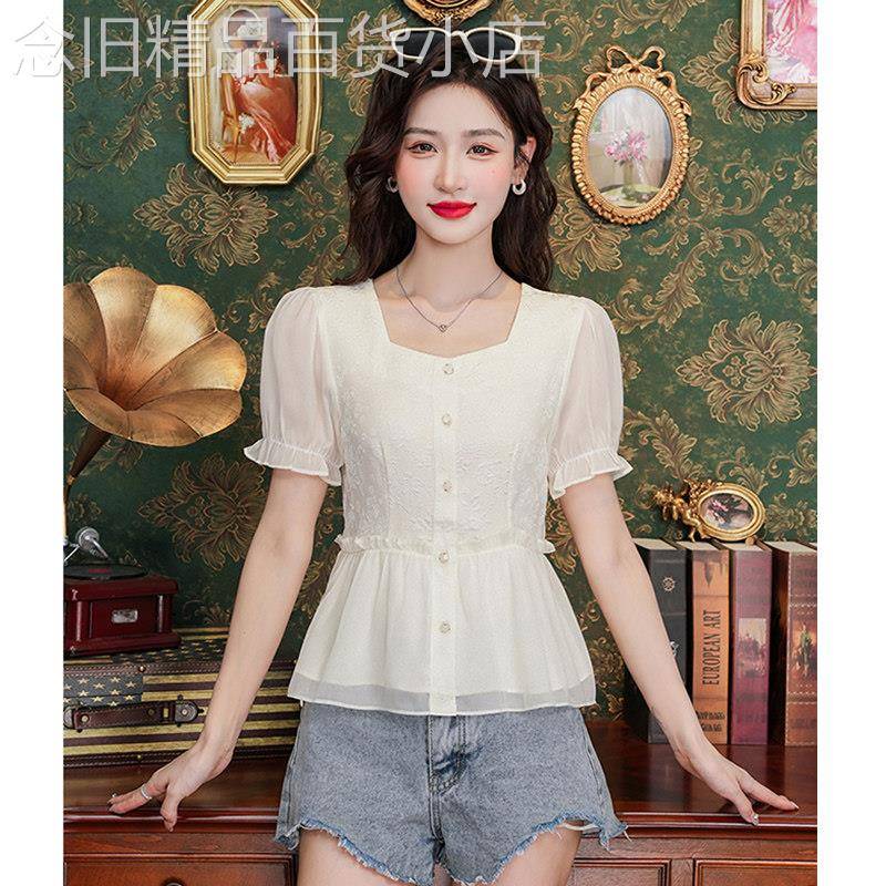 方领短袖雪纺衬衫女夏季薄款2026新款减龄气质显瘦收腰t恤女上衣
