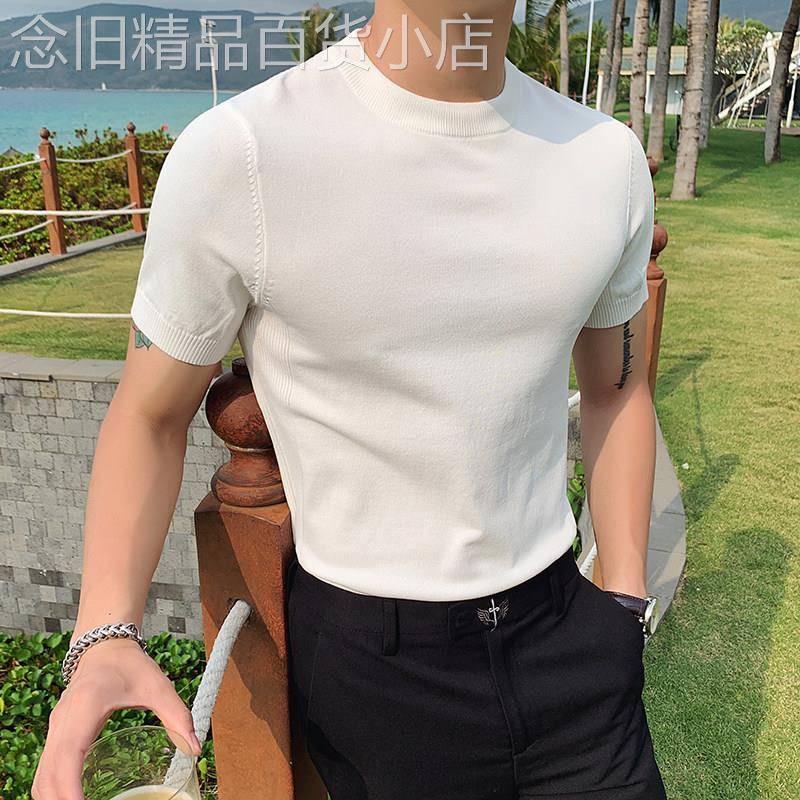 修身短袖t恤男士高端针织韩版潮流纯色休闲冰丝半袖圆领内搭衣男