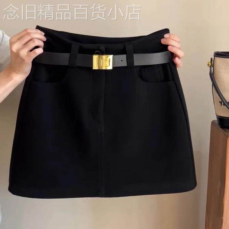 韩系黑色毛呢短款半身裙女秋冬季欧货时尚高腰显瘦超好看A字短裙