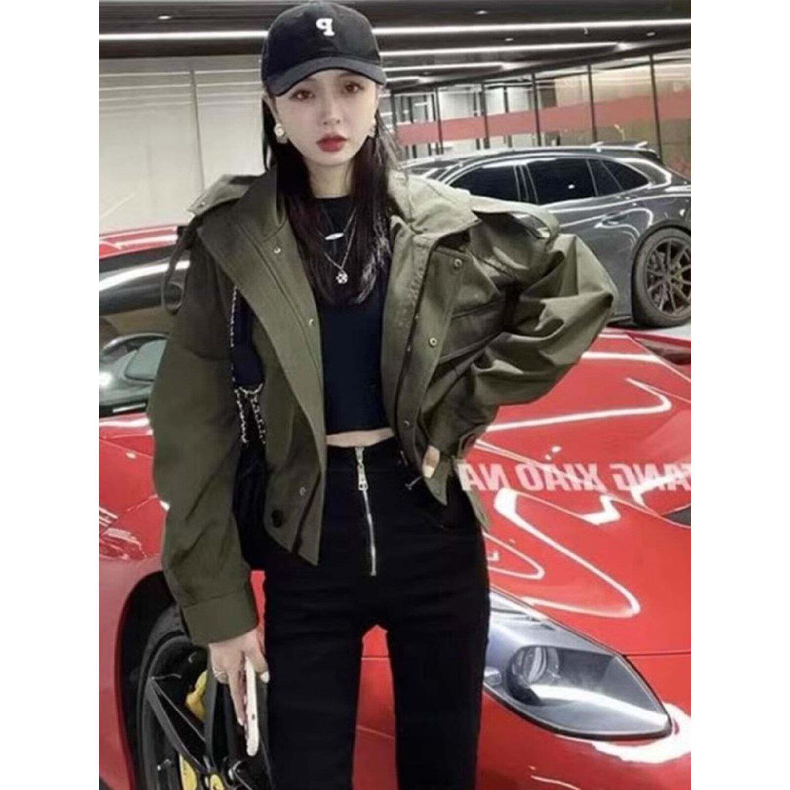 绿色风衣外套女春秋欧货短款工装连帽冲锋衣飞行夹克小个子机车服