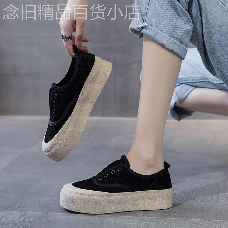 厚底松糕鞋女鞋2025春秋新款黑色一脚蹬懒人帆布乐福鞋子休闲板鞋