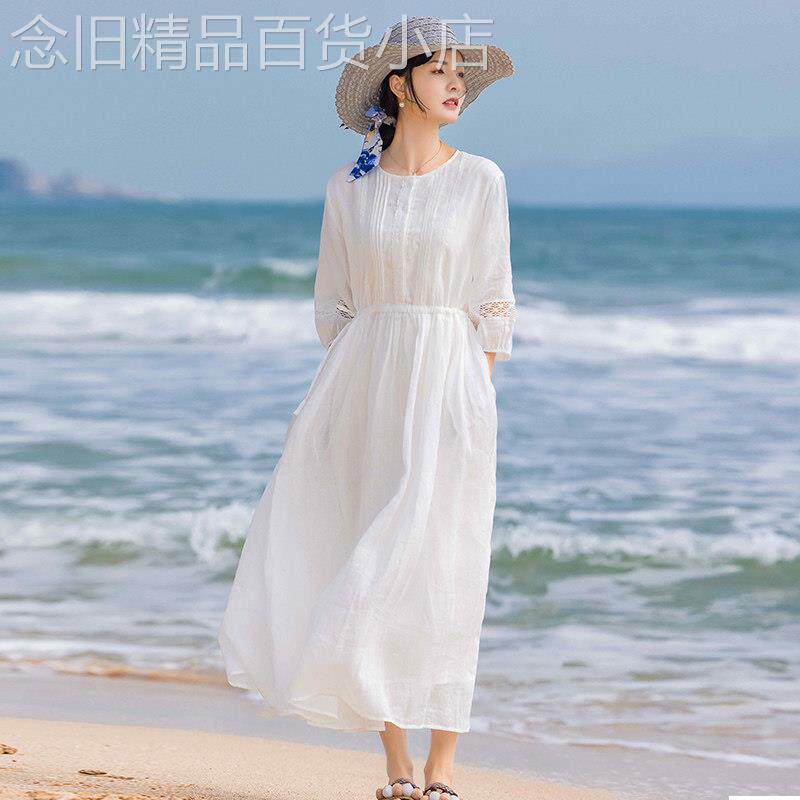 高端苎麻白色连衣裙大尺码女装2025年新款春夏胖mm遮肉显瘦棉麻长