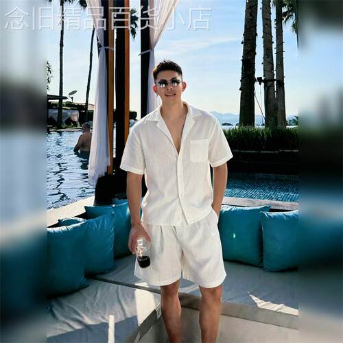 GP极简~老钱风亚麻休闲套装男夏季凉感松弛感短袖衬衫帅气两件套