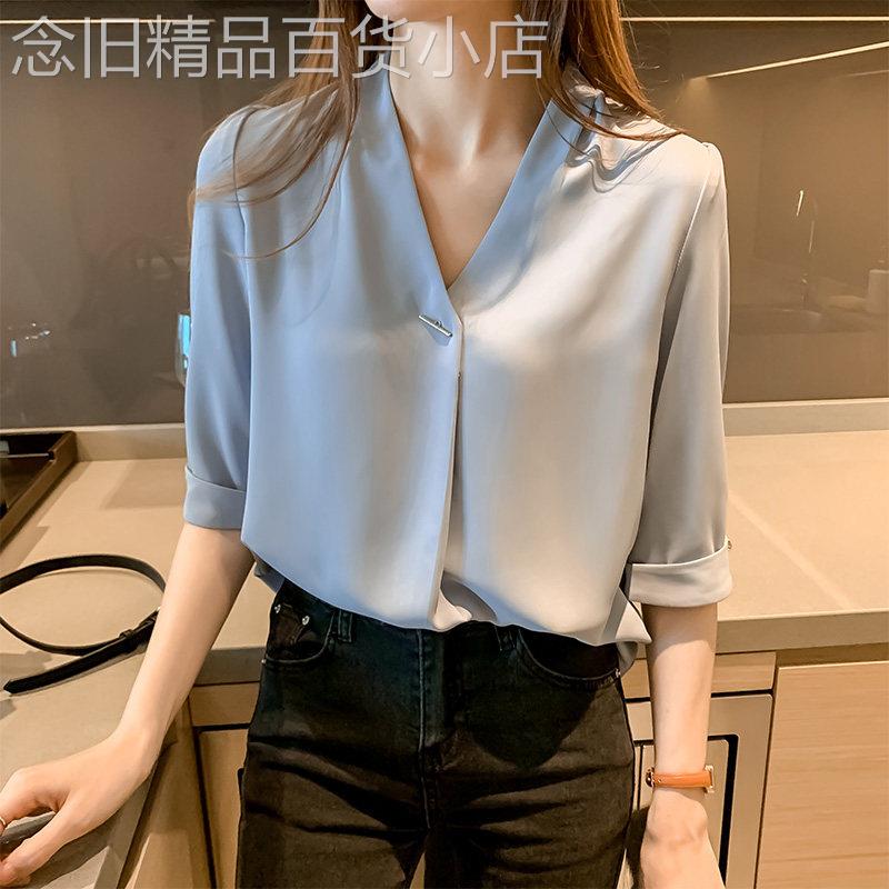 雪纺衬衫女夏短袖2026新款宽松设计感小众V领衬衫气质职业上衣潮