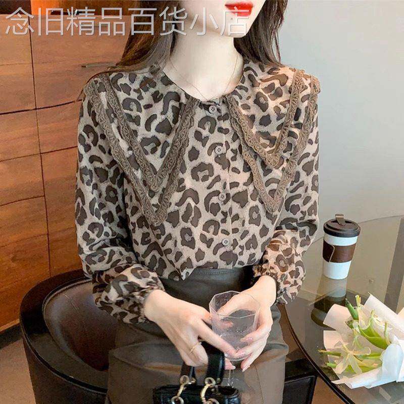 雪纺衬衫女士的春季和秋季2025新的覆古设计利基西方风格豹纹娃娃