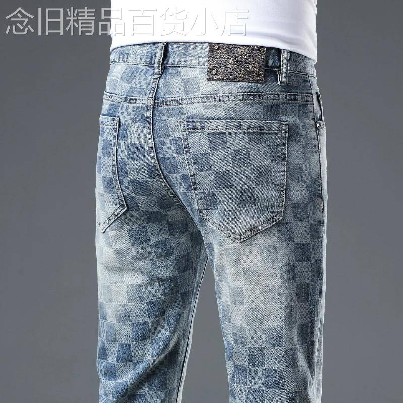 法国高端品牌棋盘格印花牛仔裤男士修身小脚弹力休闲裤子夏季薄款