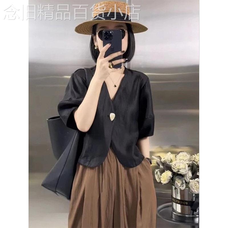 黑色V领短袖外套女夏高级感休闲 一粒扣百搭设计感休闲 灯笼袖开