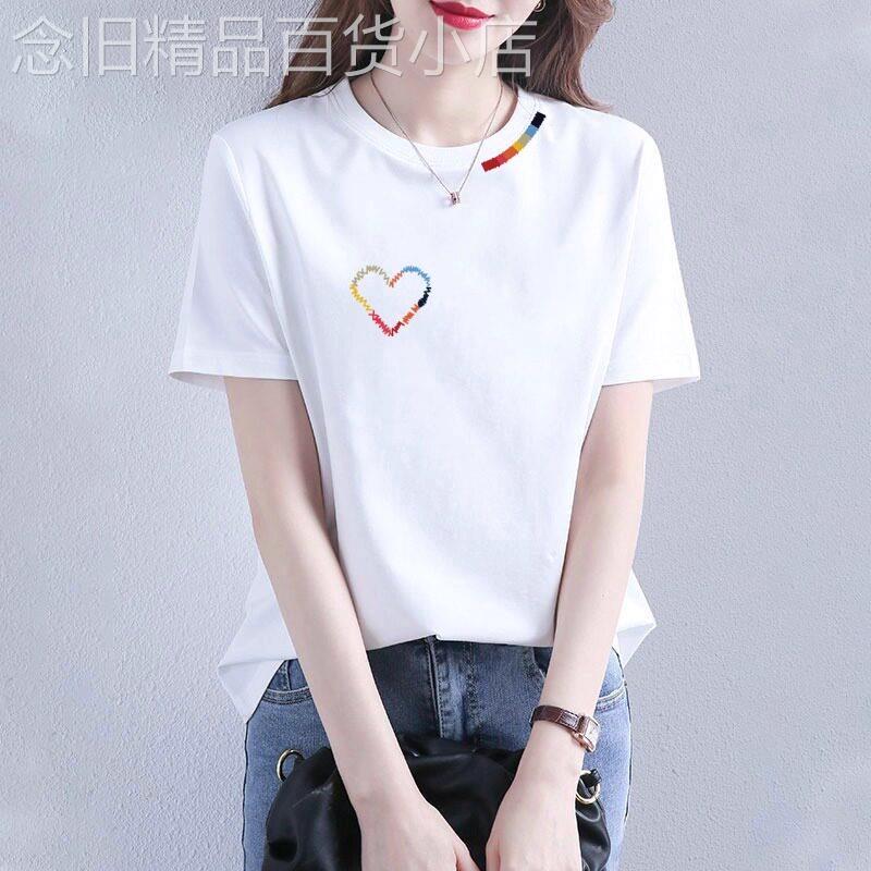 2026年夏季新款圆领T恤女短袖显瘦宽松纯棉百搭爱心印花遮肉上衣
