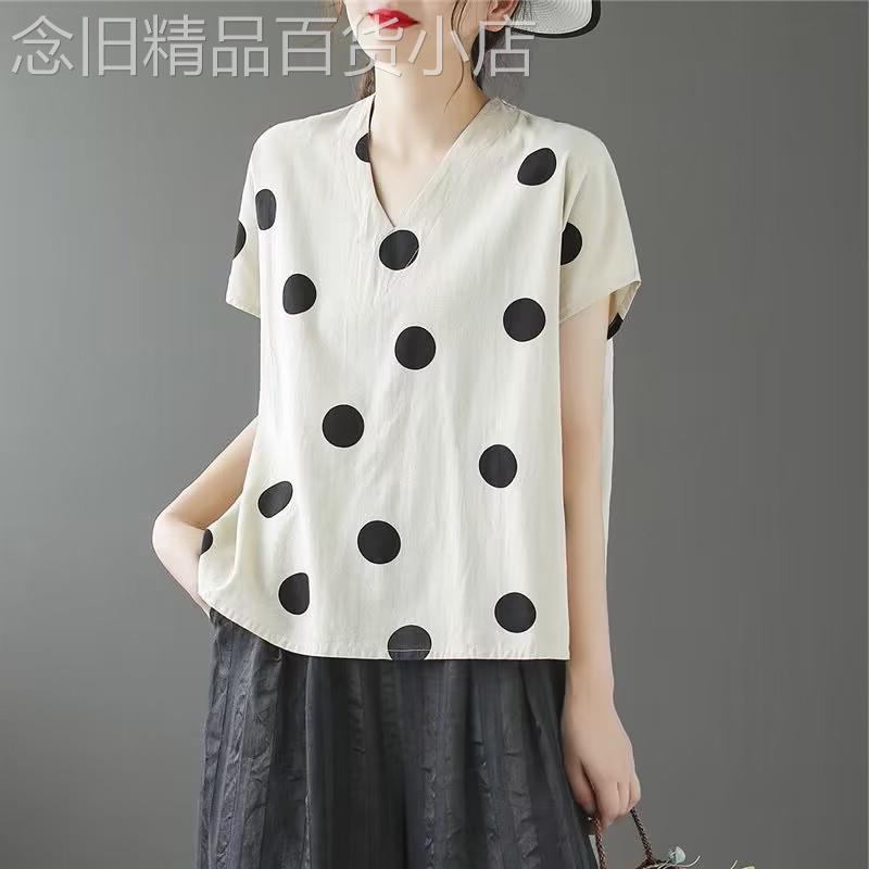 亚麻短袖t恤女夏季2025新款气质V领文艺复古时尚显瘦波点休闲上衣