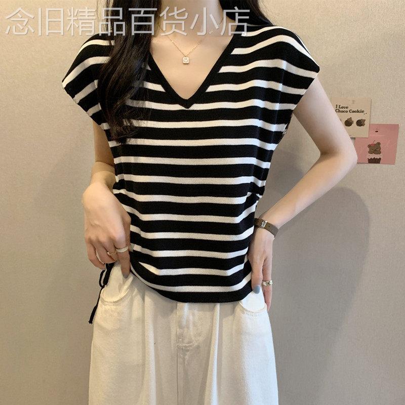 胖mm设计感抽绳条纹V领荷叶袖T恤女大尺码夏季显瘦遮肚短袖正肩上