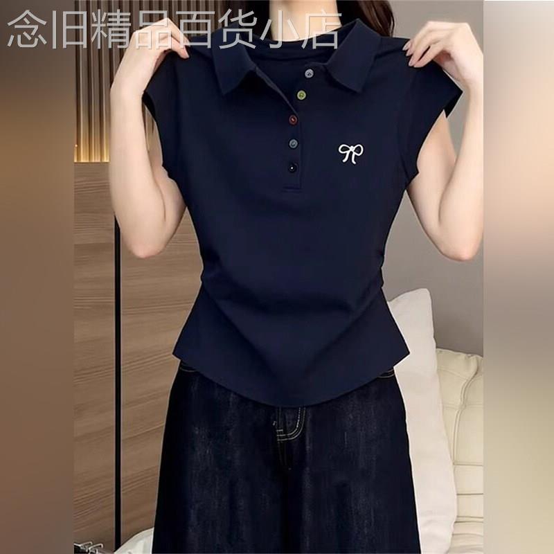潮牌polo领短袖t恤女时尚新款修身显瘦蝴蝶结刺绣设计感百搭上衣