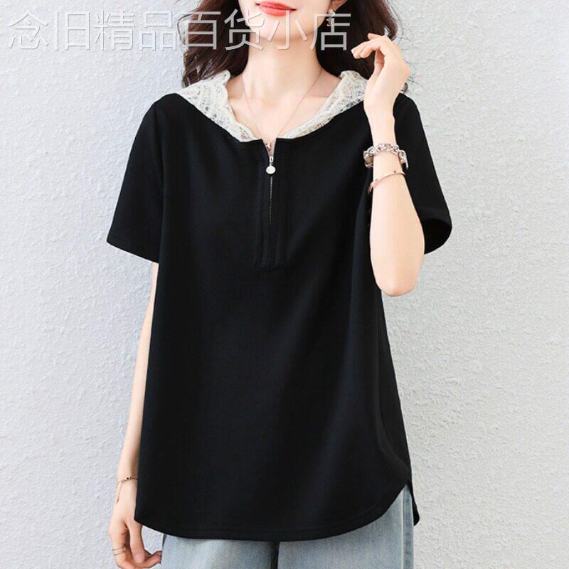 休闲连帽短袖T恤女夏季新款时尚设计感蕾丝拼接女士洋派小衫上衣