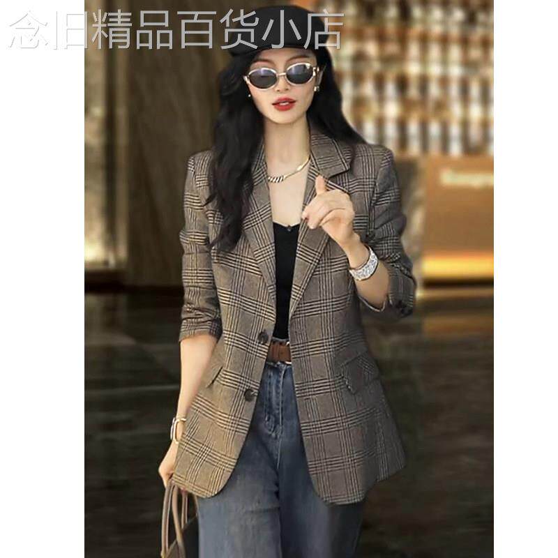 老钱风复古格纹西装外套女2026年春秋新款高级感气质显瘦西服大衣