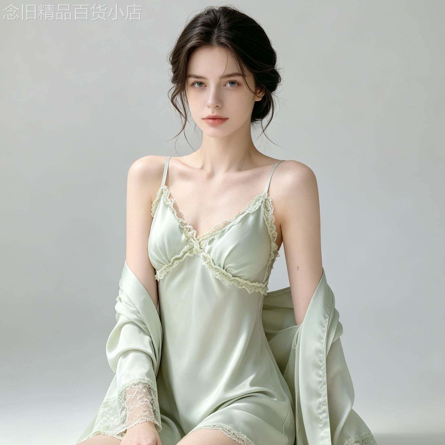 性感睡衣女款桑蚕丝2026新款春夏季蕾丝带胸垫吊带睡裙长袖睡袍