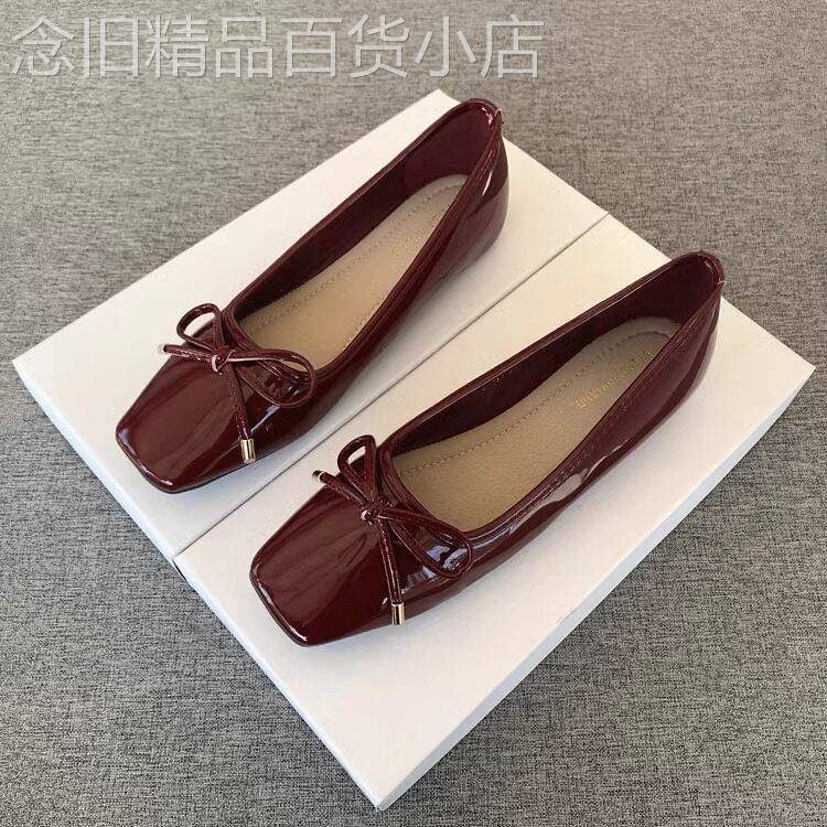 方头软底舒适单鞋女2026年夏季新款蝴蝶结漆皮百搭平底红色豆豆鞋