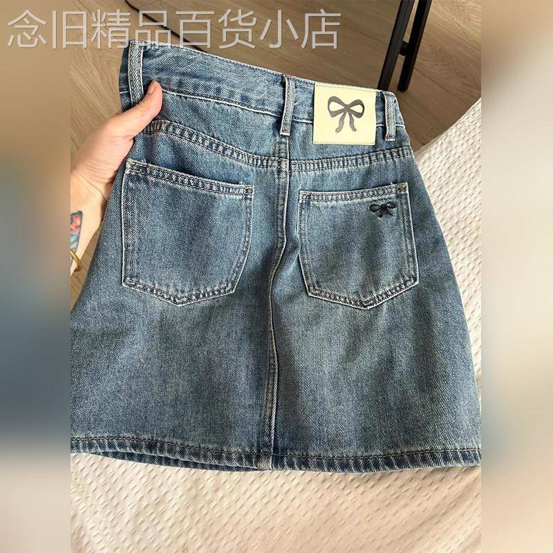 潮牌美式复古蝴蝶结刺绣牛仔半身裙春秋辣妹包臀超短裙a字显瘦裙