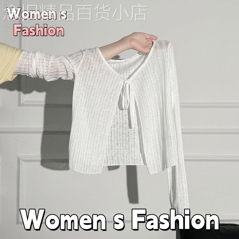 冰丝防晒衣针织罩衫女春夏季薄款长袖T恤微透蝴蝶结细带开衫上衣