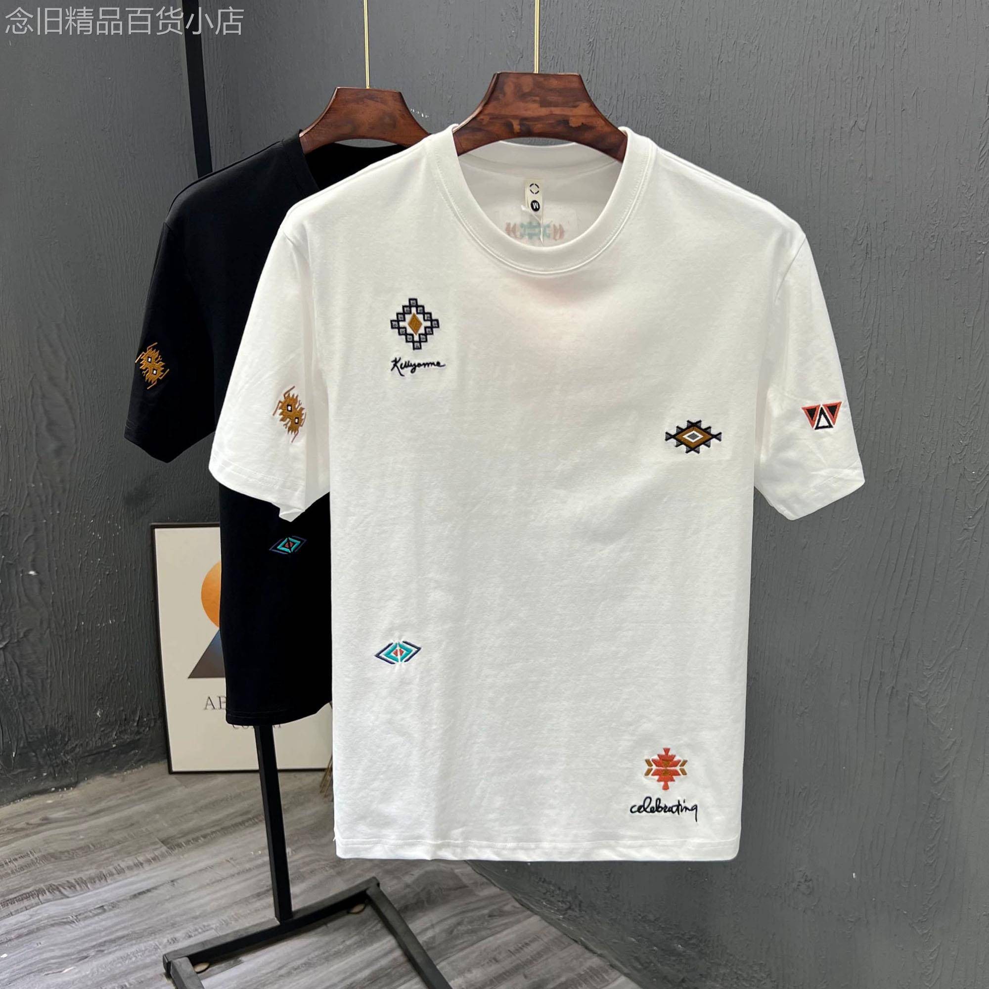 夏季新款韩版修身男士短袖T恤ins潮牌设计感刺绣宽松半截袖男上衣
