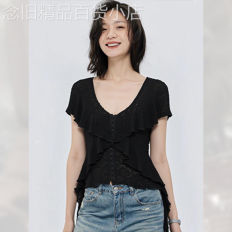 温柔蕾丝侧边褶皱荷叶边短袖T恤女夏季2026年新款别致上衣超好看