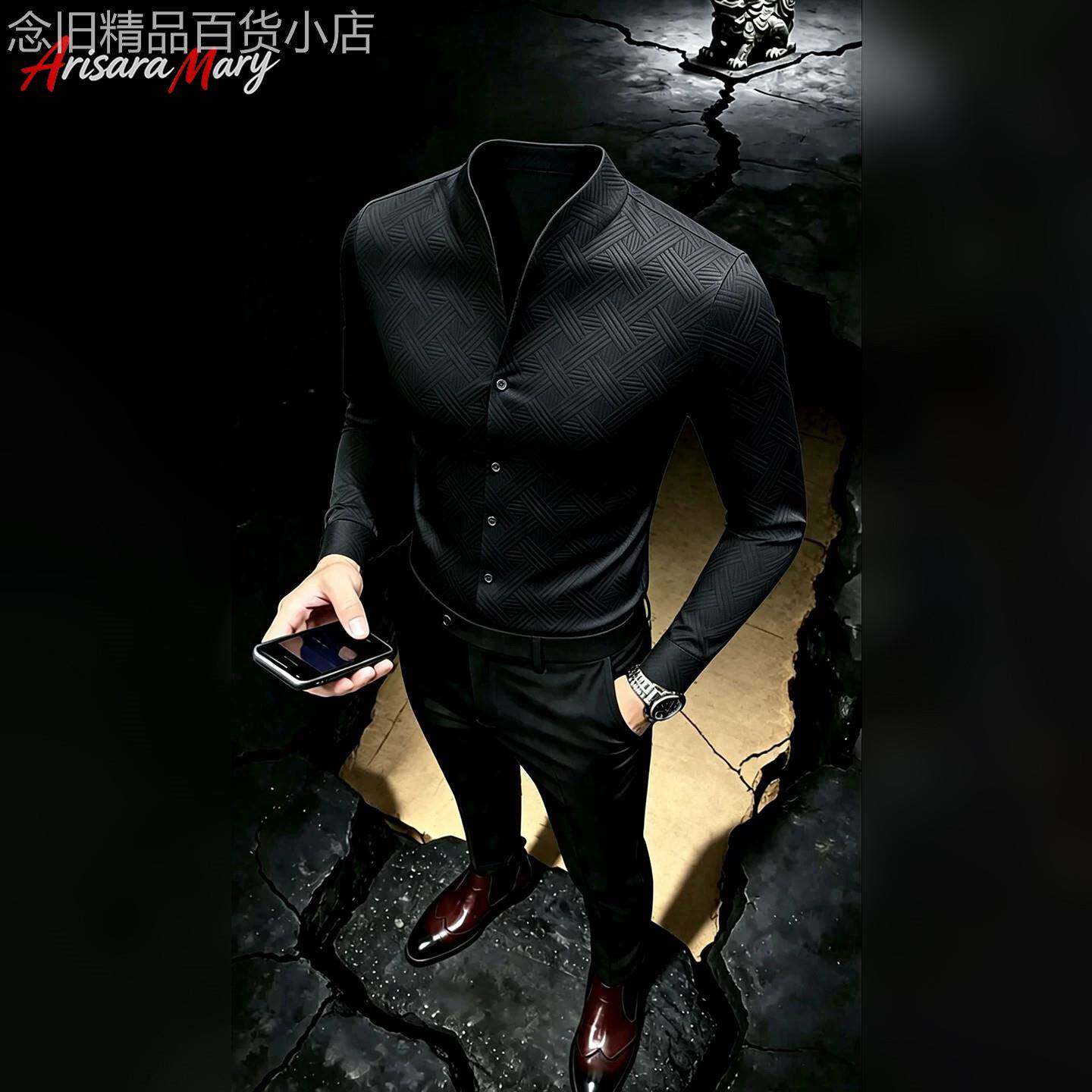 A&M编织格V领男士长袖衬衫男款2026新款秋春季新中式高级感衬衣服