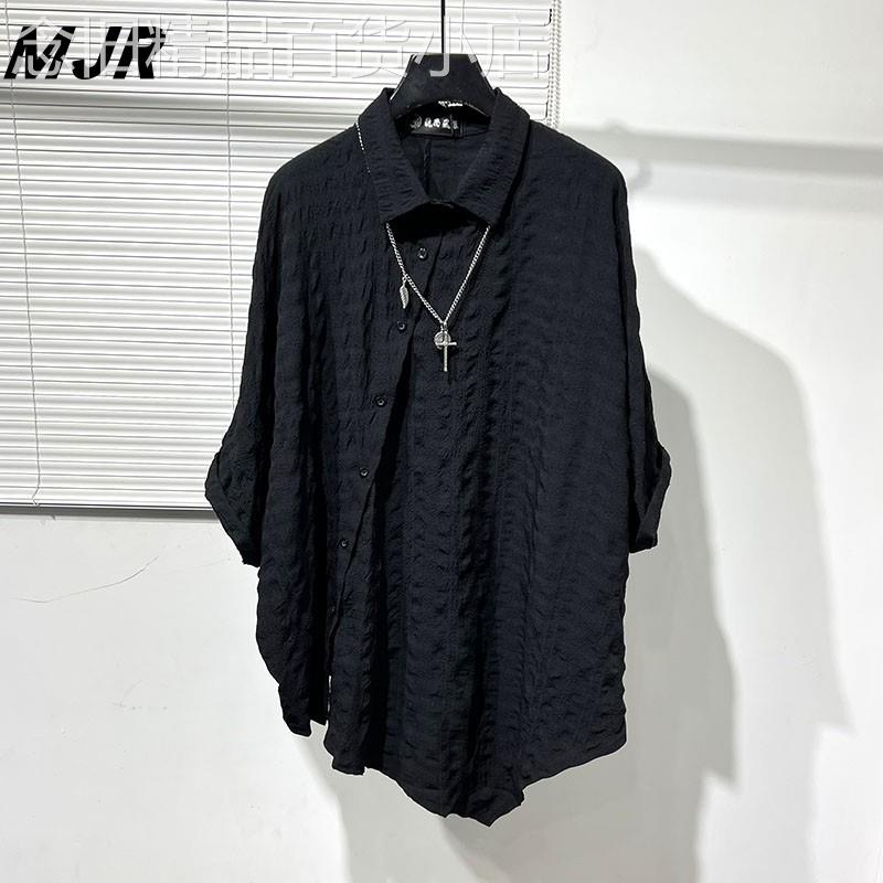 夏季原创暗黑系个性蝙蝠袖宽松简约痞帅衬衫男斜下摆小众褶皱衬衫