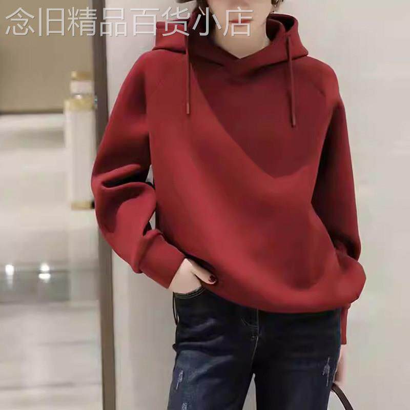 欧洲站红色连帽卫衣女2025新款爆款秋冬款加绒百搭休闲长袖上衣潮