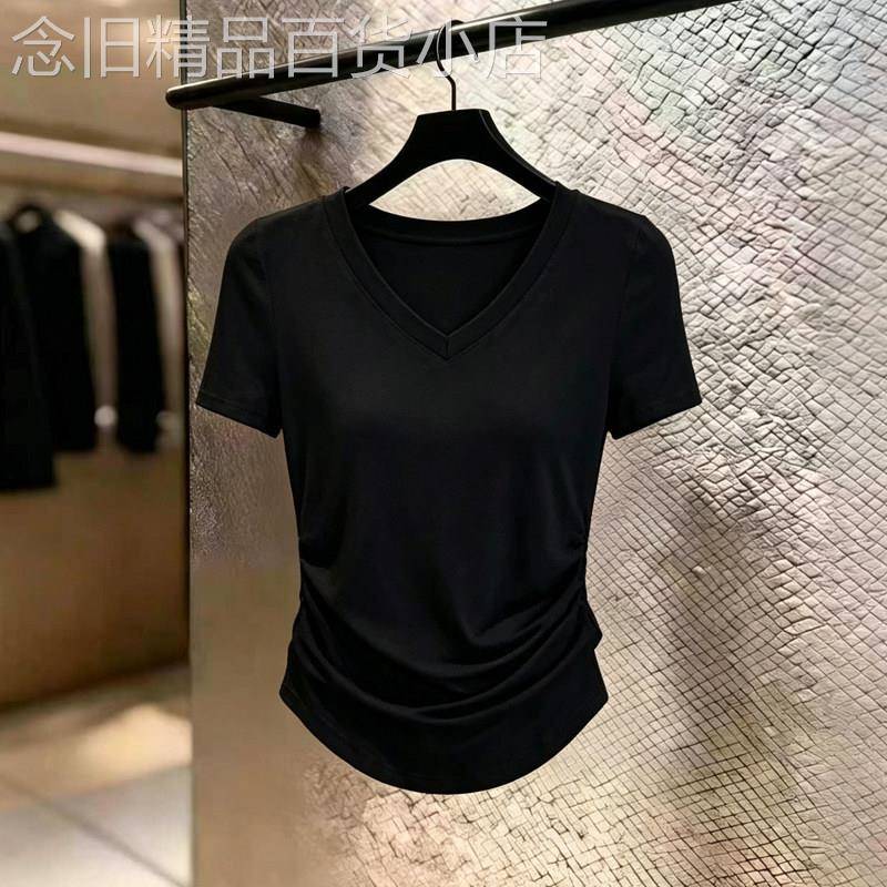 黑色莫代尔v领短袖t恤女夏季新款欧货收腰遮肚子显瘦冰丝薄款上衣