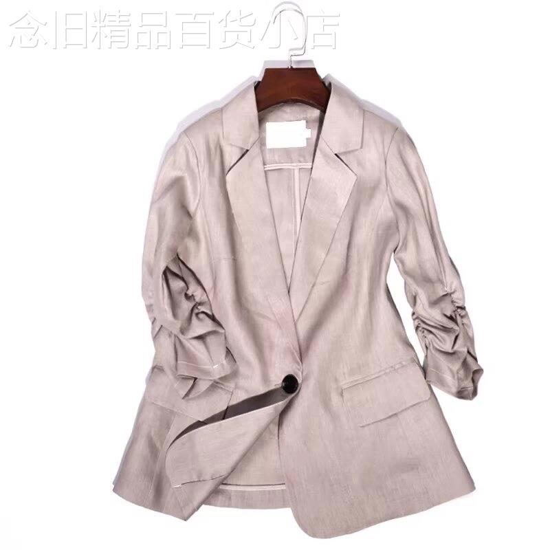 潮牌薄款纯亚麻小西服女2026夏季新款休闲大尺码棉麻西装外套七分