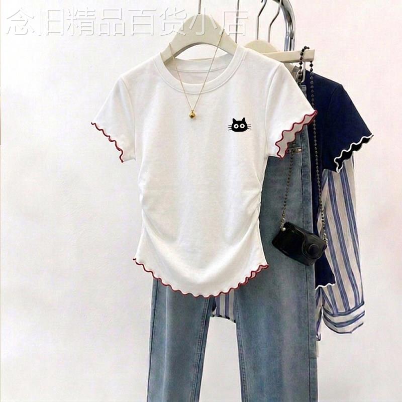韩国白色木耳边拼色正肩圆领短袖t恤女夏季修身显瘦甜美气质上衣