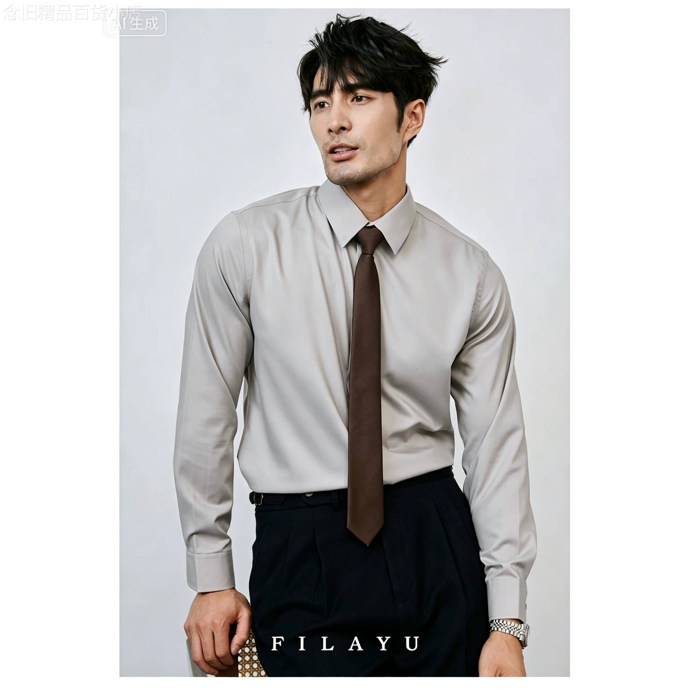 FILAYU男士2026轻奢商务抗皱高级感灰色衬衫通勤修身免熨烫衬衫长