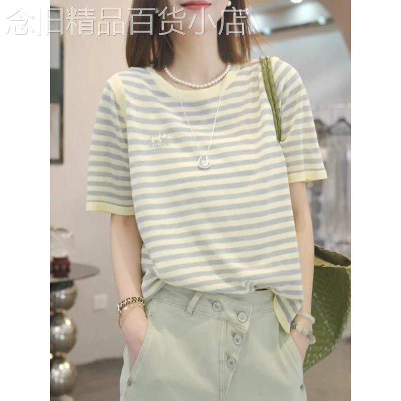 黄色圆领条纹短袖T恤女夏季欧货韩系休闲宽松百搭通勤风简约上衣