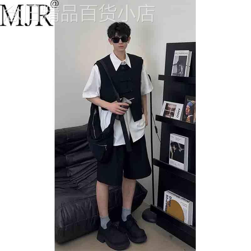 高级感痞帅马甲衬衫套装男士夏季新款设计感短袖短裤男装一整套潮