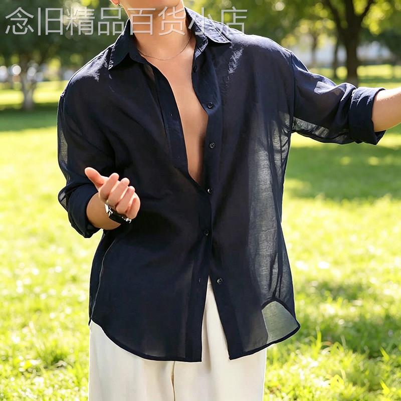 潮牌老钱风亚麻七分袖衬衫男夏季薄款高级人夫感防晒衬衣痞帅外套