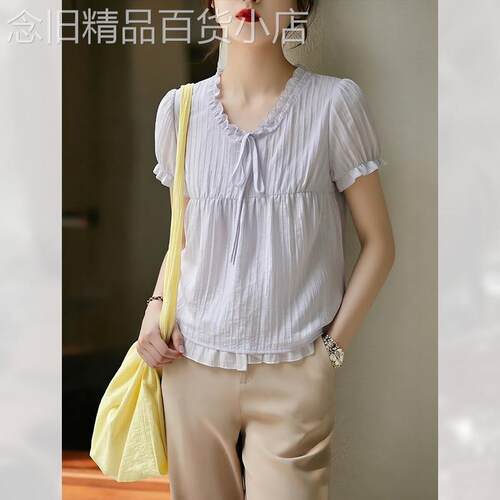 法式高级感薄款温柔衬衫女装夏季2026年新款独特短袖小衫上衣别致