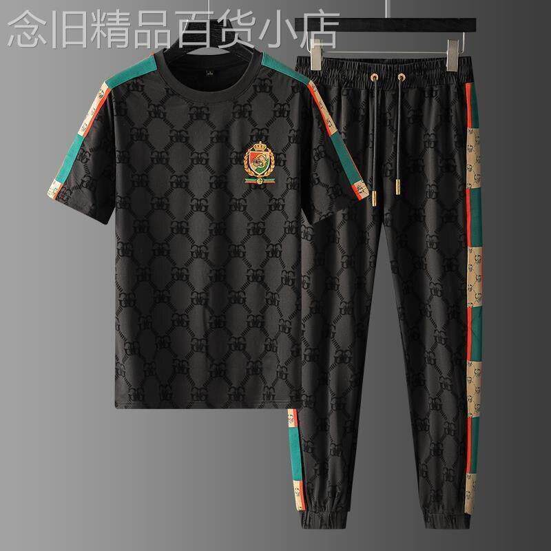 高端潮牌休闲运动套装男夏季薄款冰丝短袖t恤韩版修身男士两件套