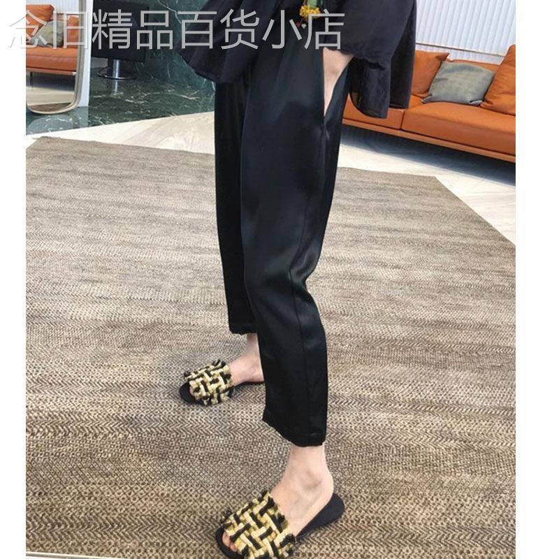 醋酸缎面哈伦裤女夏季欧货爆款高腰垂感阔腿裤黑色冰丝九分锥形裤