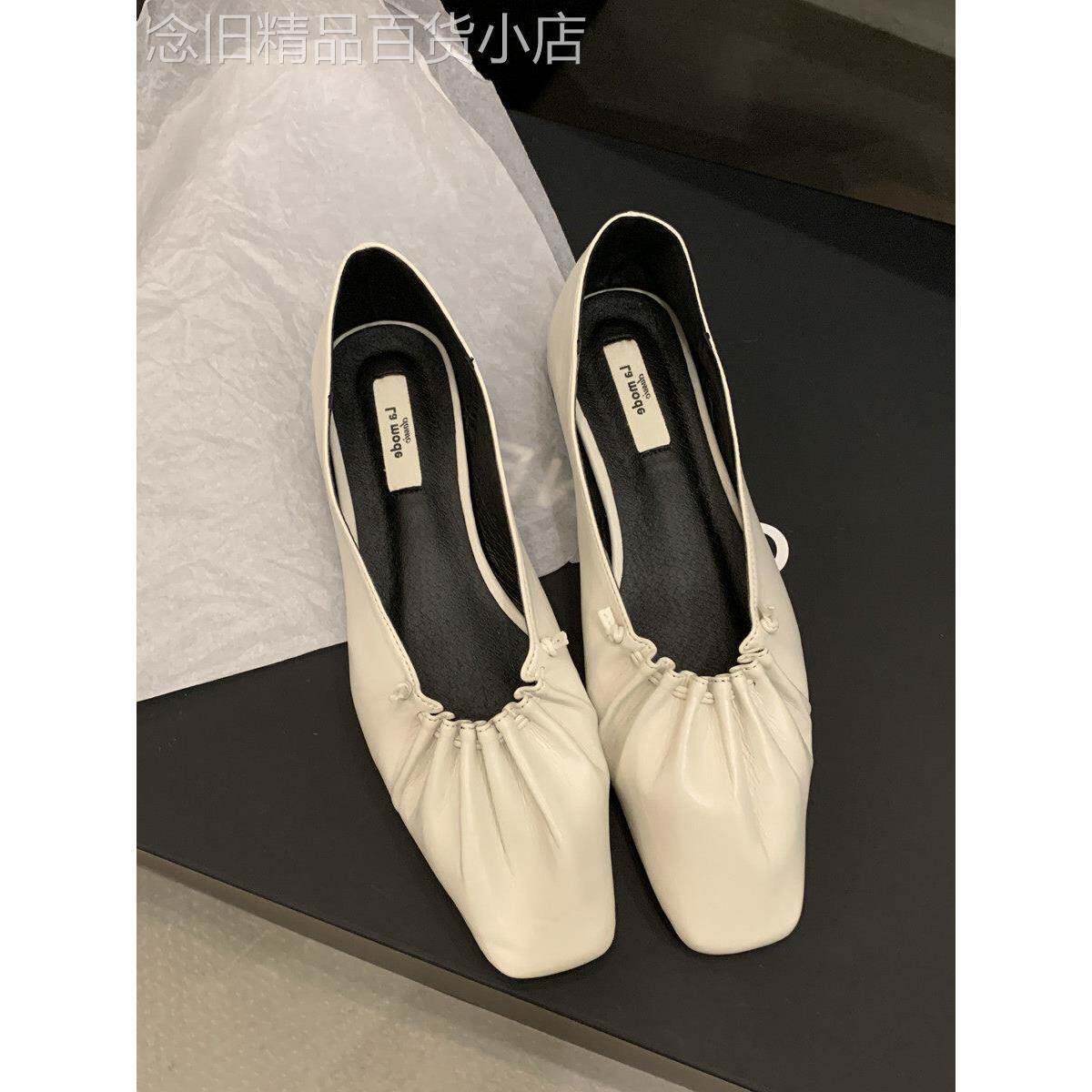 潮牌法式方头褶皱平底单鞋女2025秋款仙女风瓢鞋百搭工作鞋奶奶鞋