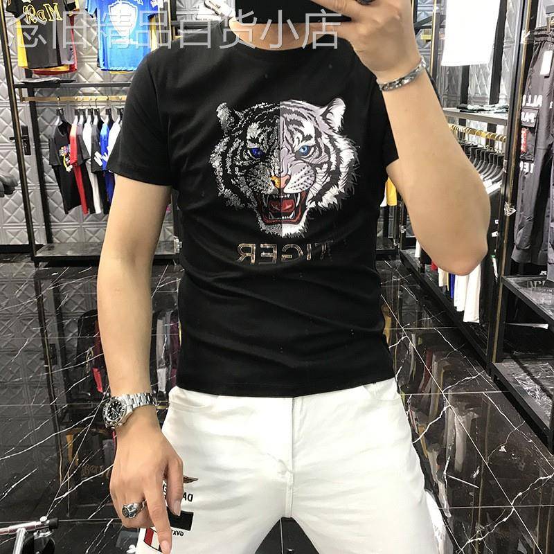 2025年夏季新款丝光棉短袖t恤男士潮牌冰丝男装印花烫钻虎头体恤