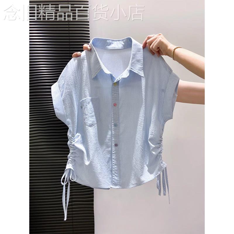 蓝色衬衫女短袖夏季薄款2026新款收腰高级感减龄洋派休闲衬衣上衣