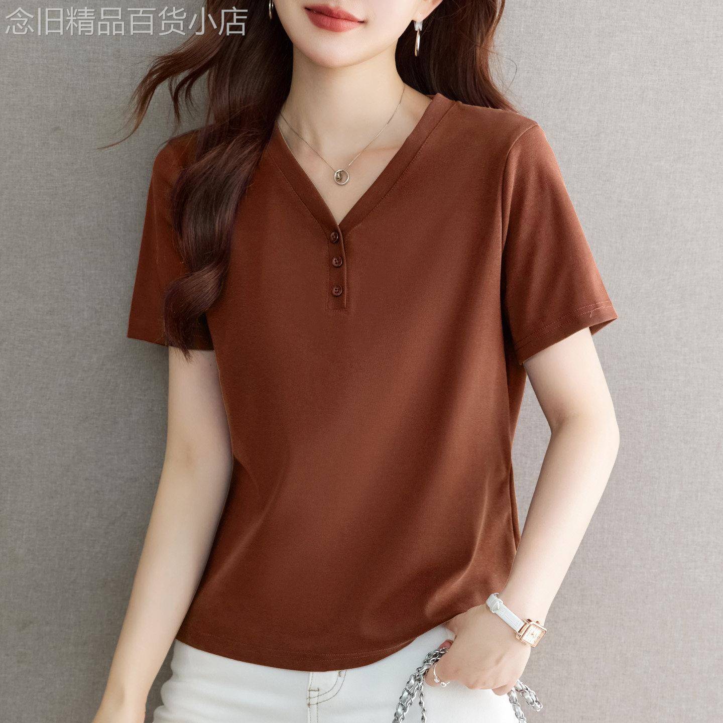 中年妈妈2026年夏季新款大尺码纯色V领短袖T恤女遮肚减龄显瘦薄上