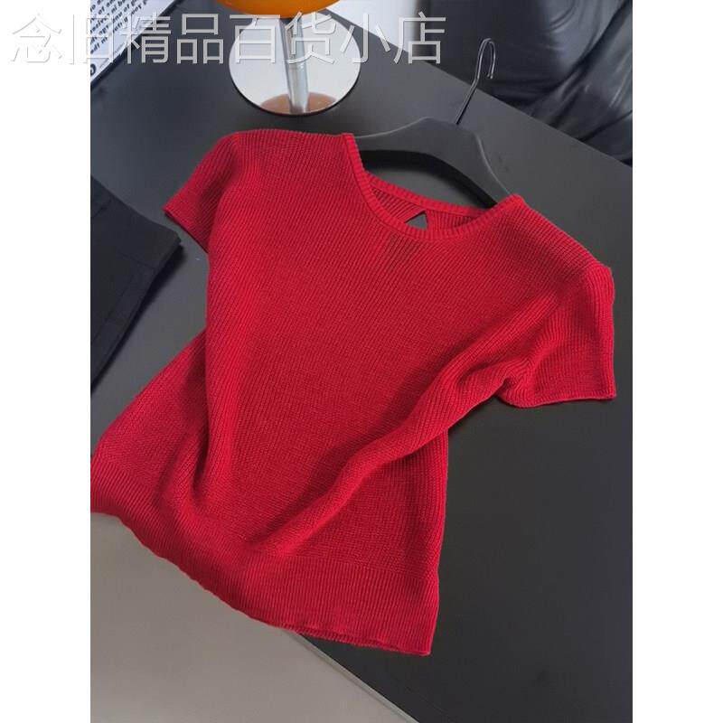 红色圆领冰丝针织短袖T恤女夏季欧货新款镂空设计感洋气百搭上衣