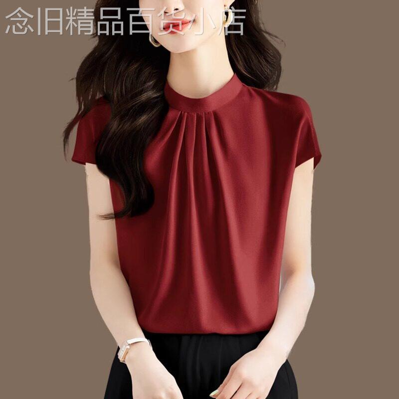 法式立领真丝衬衫女夏季时尚设计感1/4吋套筒扳手袖缎面衬衫桑蚕