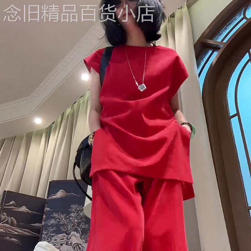气质时尚休闲红色上衣女2026年夏季新款慵懒通勤洋派百搭时髦套装