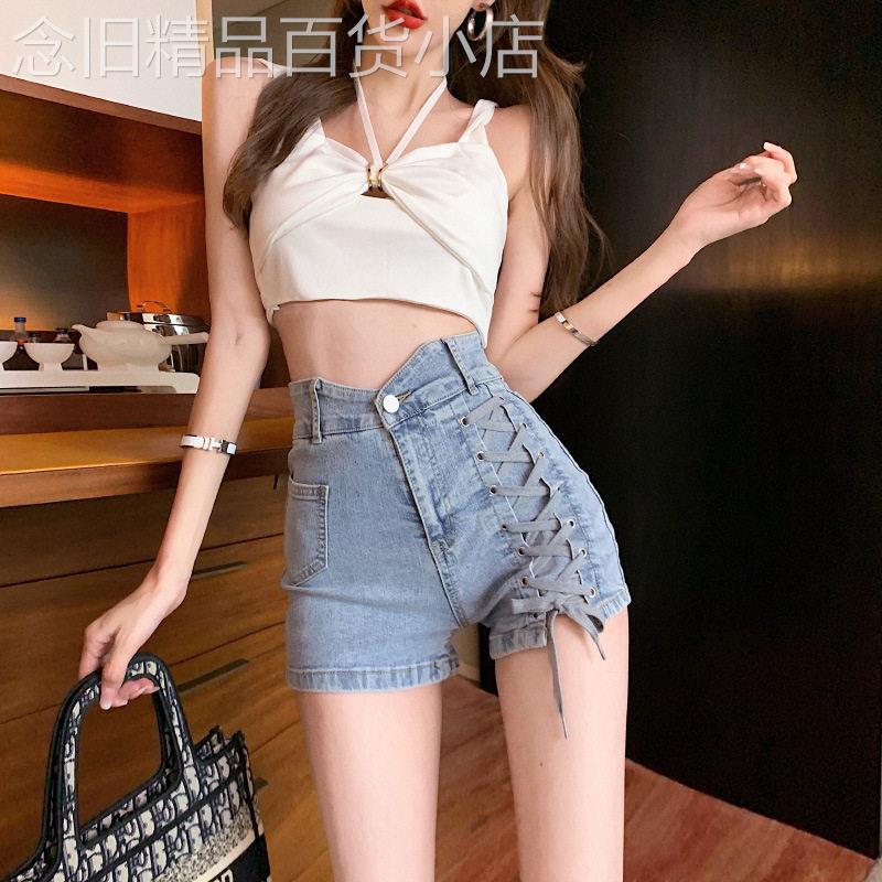 牛仔短裤女高腰显瘦夏季薄款2026新款绑带浅色小个子修身收腹热裤