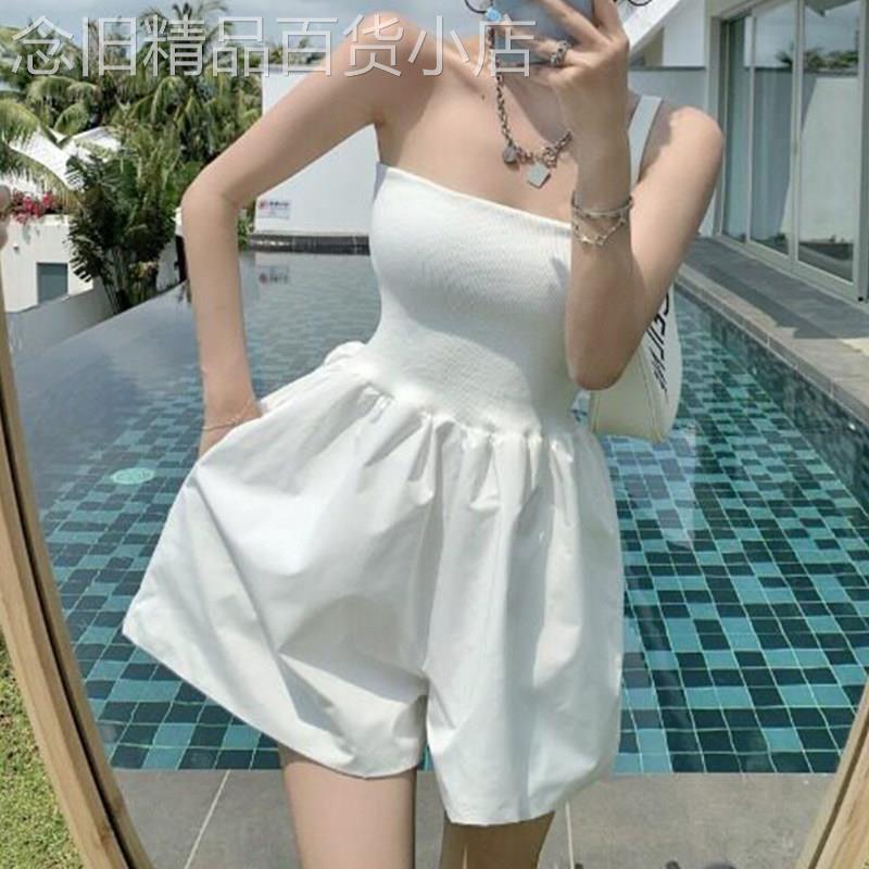 白色度假风抹胸高腰连身短裤女夏季欧货阔腿裤收腰显瘦小个子短裤