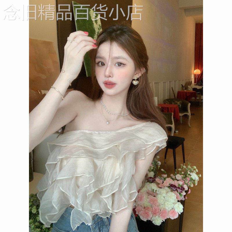 茶艺千金内搭荷叶边斜肩雪纺衫女纯欲甜辣妹短款抹胸仙气飘飘上衣