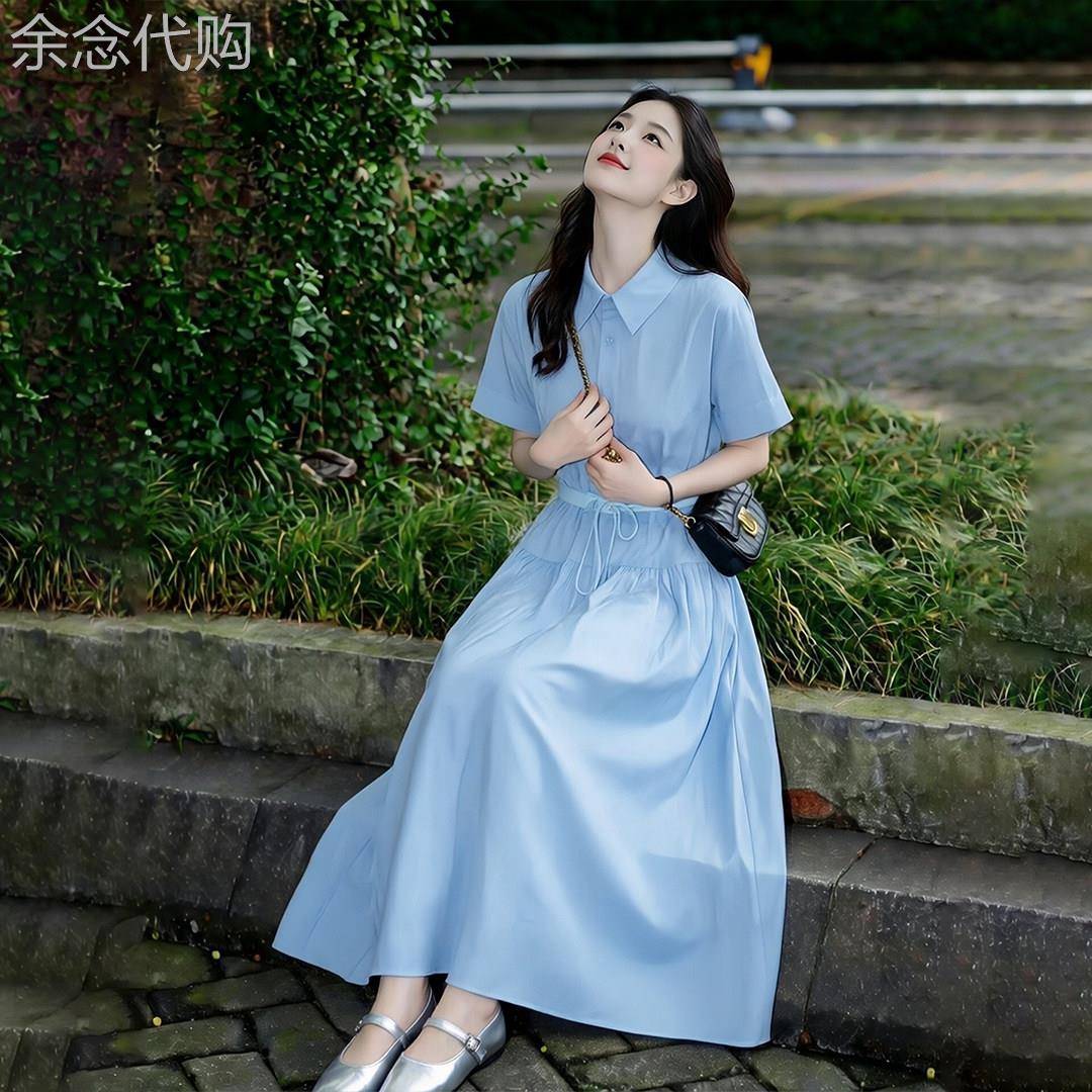 法式蓝色衬衫式洋装女2026夏季新款气质高级感收腰显瘦气质长裙子