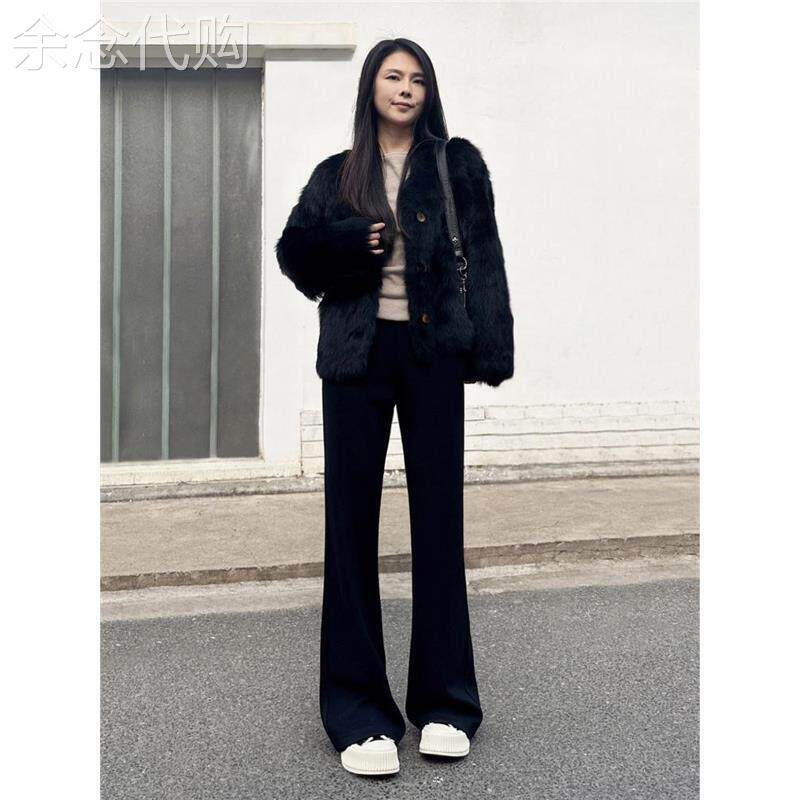 窄版毛呢微喇阔腿裤女垂感直筒秋冬针织喇叭加绒宽松舒适糯米裤子